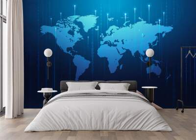 Global technologies. Collage with male hand, world map and computer binary code on blue background Wall mural