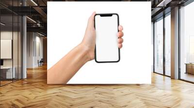 Hand grab mobile phone isolated on white background Wall mural