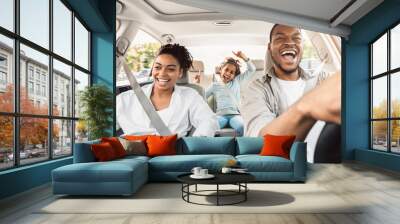 Happy Black Family Of Three Singing Having Fun Riding Car Wall mural