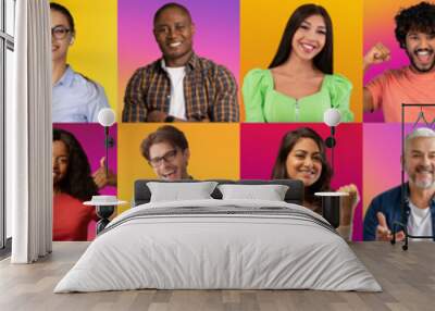 Happy Emotions. Set Of Cheerful Multiethnic People's Portraits Over Bright Gradient Backgrounds Wall mural