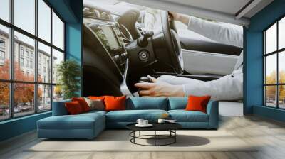 Happy morning, success and positive emotions, buying new comfort car and speed in auto Wall mural