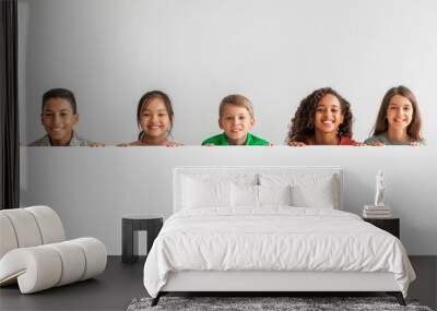 Happy Multicultural Children Posing With Empty White Poster, Gray Background Wall mural