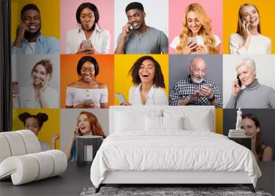 Happy multiracial people using mobile phones on color background, collage Wall mural