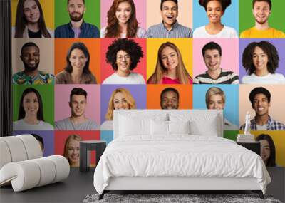 Happy people emotions. Set of portraits of multiracial youngsters Wall mural