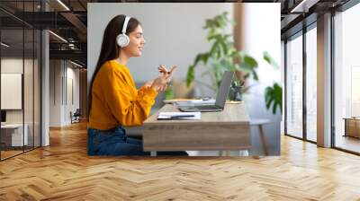 Happy young Caucasian female wearing headphones, using laptop, working or studying online from home, empty space Wall mural