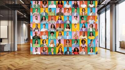 Headshot happy diverse people make gestures and signs with hands, isolated on colorful background, collage Wall mural