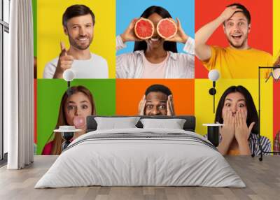 Headshots of shocked, happy young diverse people on colorful backgrounds, panorama Wall mural