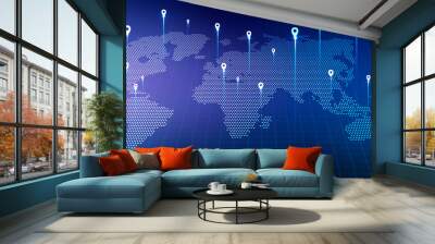 Holographic World Map With Locations Over Blue Background, Panorama, Collage Wall mural