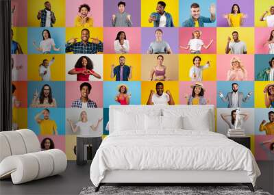 Human emotions and facial expression. Surprised excited millennial and adult diverse men and women gesturing Wall mural