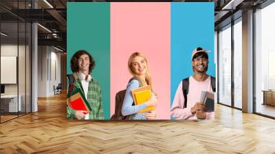 International group of happy students posing on colorful backgrounds, collage Wall mural