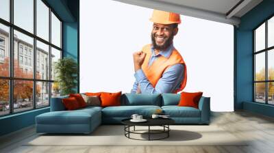 Joyful Black Construction Worker Gesturing Yes On White Background, Panorama Wall mural