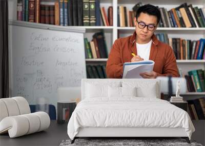 Korean Tutor Man Teaching Having Online Class In Modern Classroom Wall mural