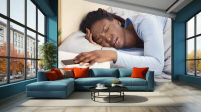 Lady Having Headache Turning Off Alarm-Clock Lying In Bedroom, Panorama Wall mural