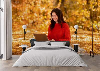 Lovely Caucasian woman using laptop for online work, browsing web at city park in autumn Wall mural