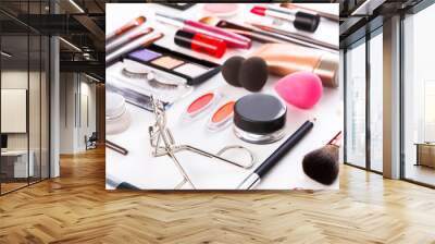 makeup cosmetics tools and essentials, flat lay on white background Wall mural