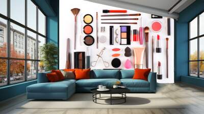 makeup cosmetics tools and essentials, flat lay on white background Wall mural