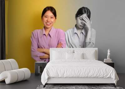 Middle-aged Asian woman mood shifts from happy to depressed with phones Wall mural