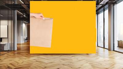 Millennial woman holding paper bag with takeaway food on orange background, empty space Wall mural