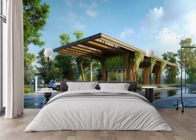 Modern charging station in a wooded area, designed with a wooden canopy and greenery. Trees and lush vegetation surround it. Silver car charging with person walking in background. Wall mural