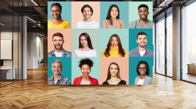 Mosaic Of Happy Females And Males Portraits Over Colored Backgrounds Wall mural