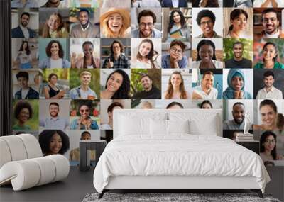 Mosaic of smiling multiracial people different ages, collage Wall mural