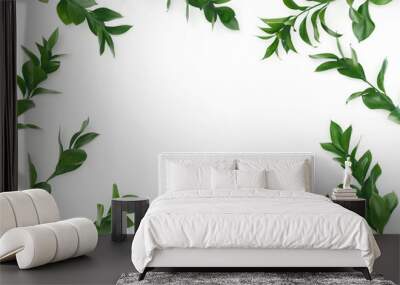 Natural frame of green leaves on white background Wall mural