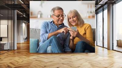 Older Spouses Using Mobile Phone Sitting On Sofa At Home Wall mural