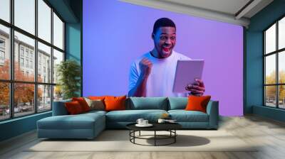 Online Win. Joyful African American Guy Celebrating Success With Digital Tablet, Wall mural