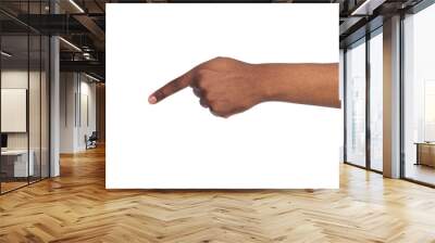 Palm of black man index finger shows forward and down on isolated white background Wall mural