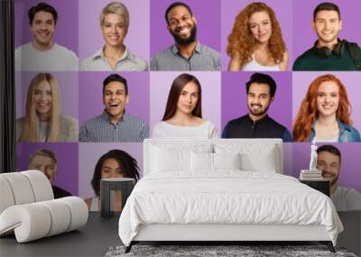 Panoramic set of portraits of multiracial people on purple Wall mural