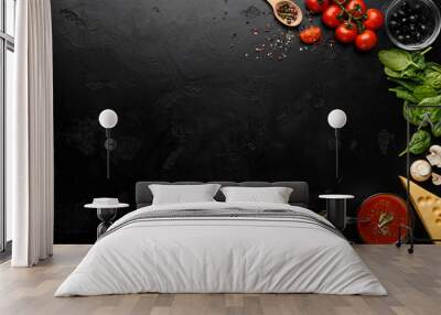 Pizza Cooking Ingredients On Black Background, Top View Wall mural