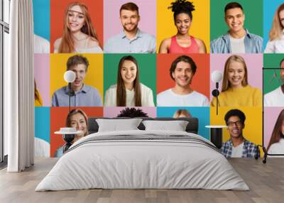 Portraits of cheerful multiracial millennial people, creative set Wall mural