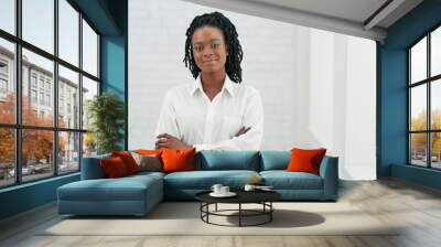 Positive African American Businesswoman Crossing Hands Standing, Indoor Wall mural