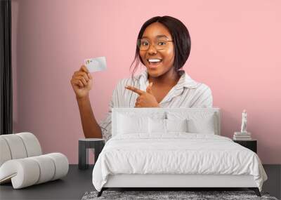 Positive Black Girl Showing Credit Card Standing, Pink Background, Panorama Wall mural