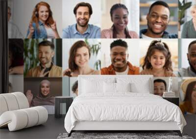 Positive multicultural people smiling at camera, set of photos, banner Wall mural