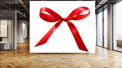 Red satin ribbon bow isolated on white background. Textile thin strip tied up to trim present or flower bunch. Any holiday decoration Wall mural