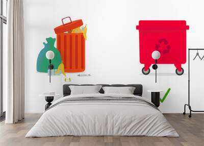 Reduce waste contamination. Throw away versus recycle trash bins on white background, creative illustration Wall mural