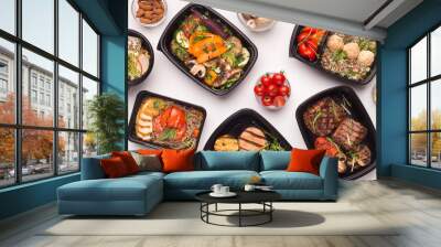 Restaurant healthy food delivery in take away boxes Wall mural