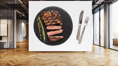 Rib eye steak and spices on white isolated background Wall mural