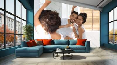 Romantic Arab Couple Having Fun In Bathroom, Singing While Brushing Teeth Together Wall mural