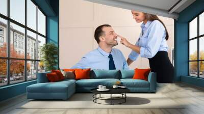 Secretary Girl Seducing Lustful Businessman Flirting At Work In Office Wall mural