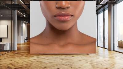 Serious sad pretty young african american woman with perfect skin and lips isolated on gray background, cropped Wall mural