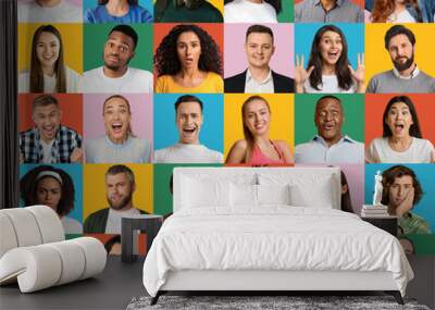 Set of expressive diverse people showing all kinds of emotions on bright studio backgrounds Wall mural