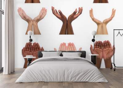 Set of multiethnic hands holding or offering something Wall mural