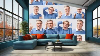 Set Of Senior Man's Emotional Portraits Over Gray Background, Collage Wall mural