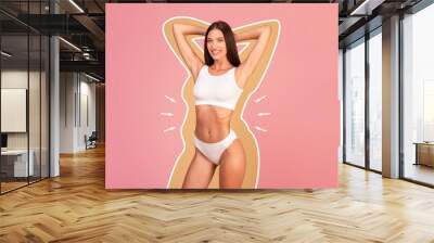 Slimming Concept. Happy Woman In Underwear With Fat Silhouette Outlines Around Body Wall mural