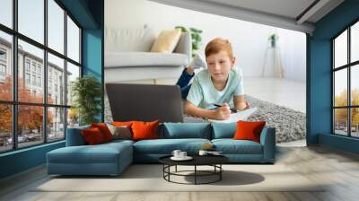 Smart boy schooler watching educational course on laptop Wall mural