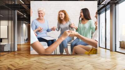 Smiling Diverse Women Sitting In Circle During Group Therapy Indoor Wall mural