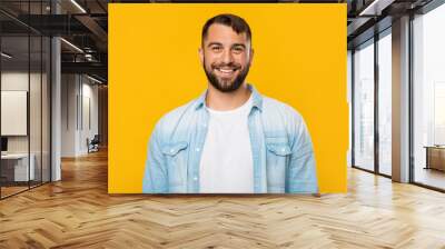 Smiling happy mature european man looking at camera, isolated on yellow background, free space Wall mural