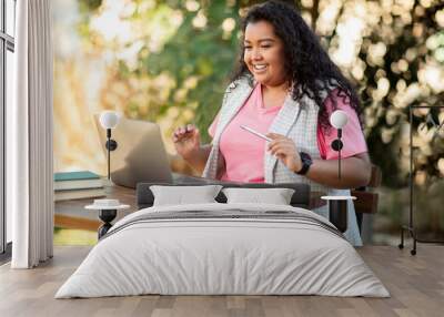 Student Lady Studying Online Through Video Call On Laptop Outdoor Wall mural